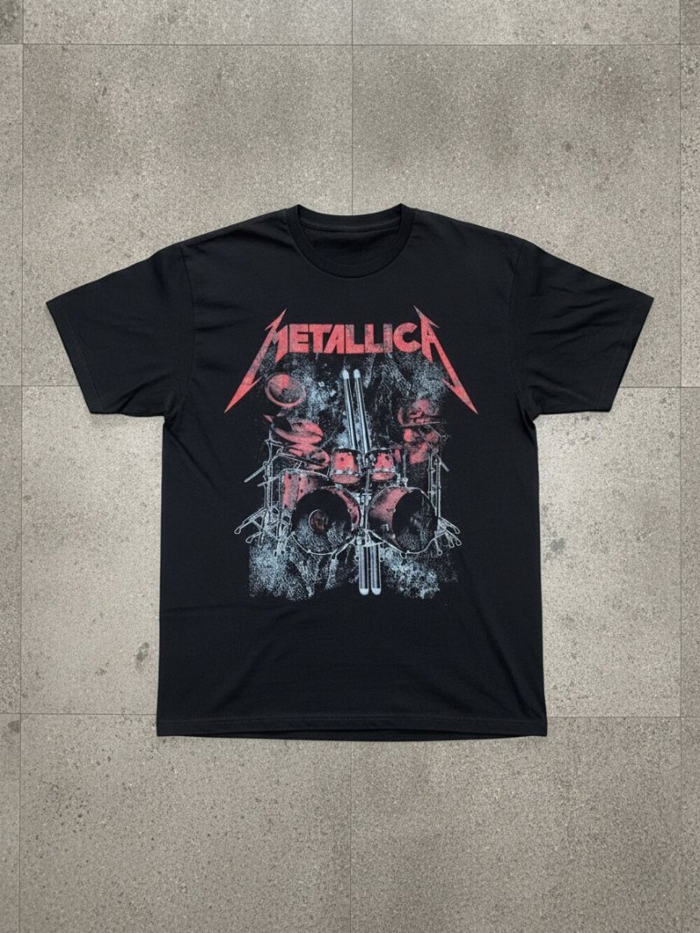 Metallica Graphic Tee | Vintage Heavy Metal Drum Set Black T-Shirt | Rock Band